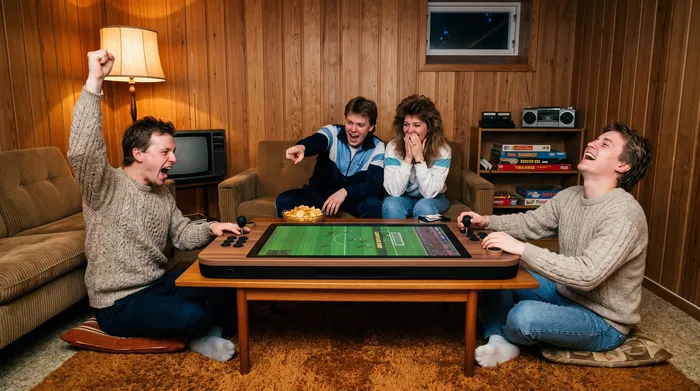 Friends round FLATBOY in a 1980s basement, one leaping up to cheer