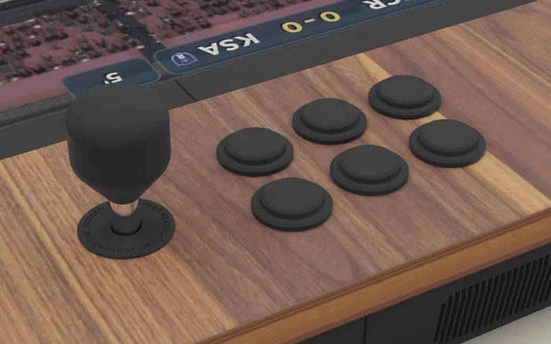 Close-up: a Sanwa stick and six black buttons on walnut
