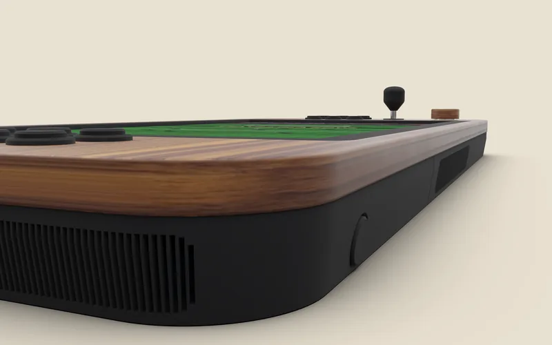 Close-up: the walnut edge on its black base, 5.7 cm thin