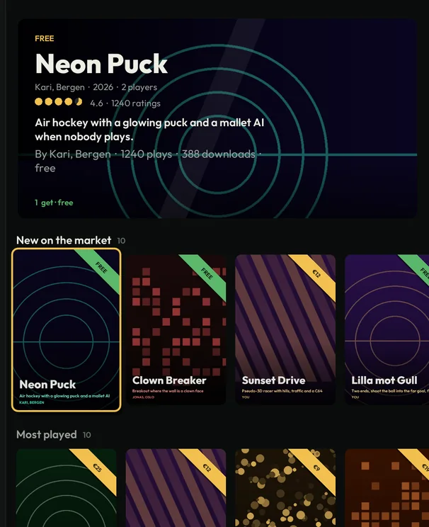 The Market in Flatboy OS: a game's banner, then New on the market and Most played