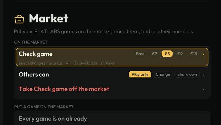 Flatboy OS, System › Market: the price of your game, free, €2, €5, €9 or €15