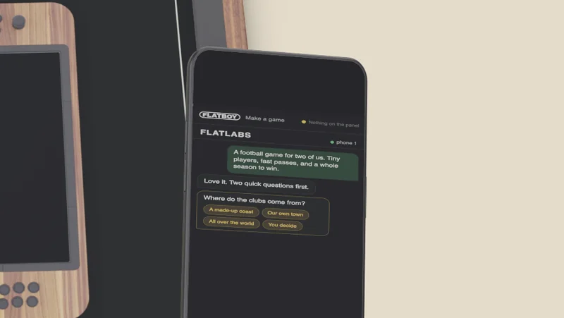 A phone lying on FLATBOY with Flatlabs open: a football game asked for, and its first questions